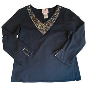 Quacker Factory 100% Cotton Rhinestone Collar V Neck Black Long Sleeve Top Large